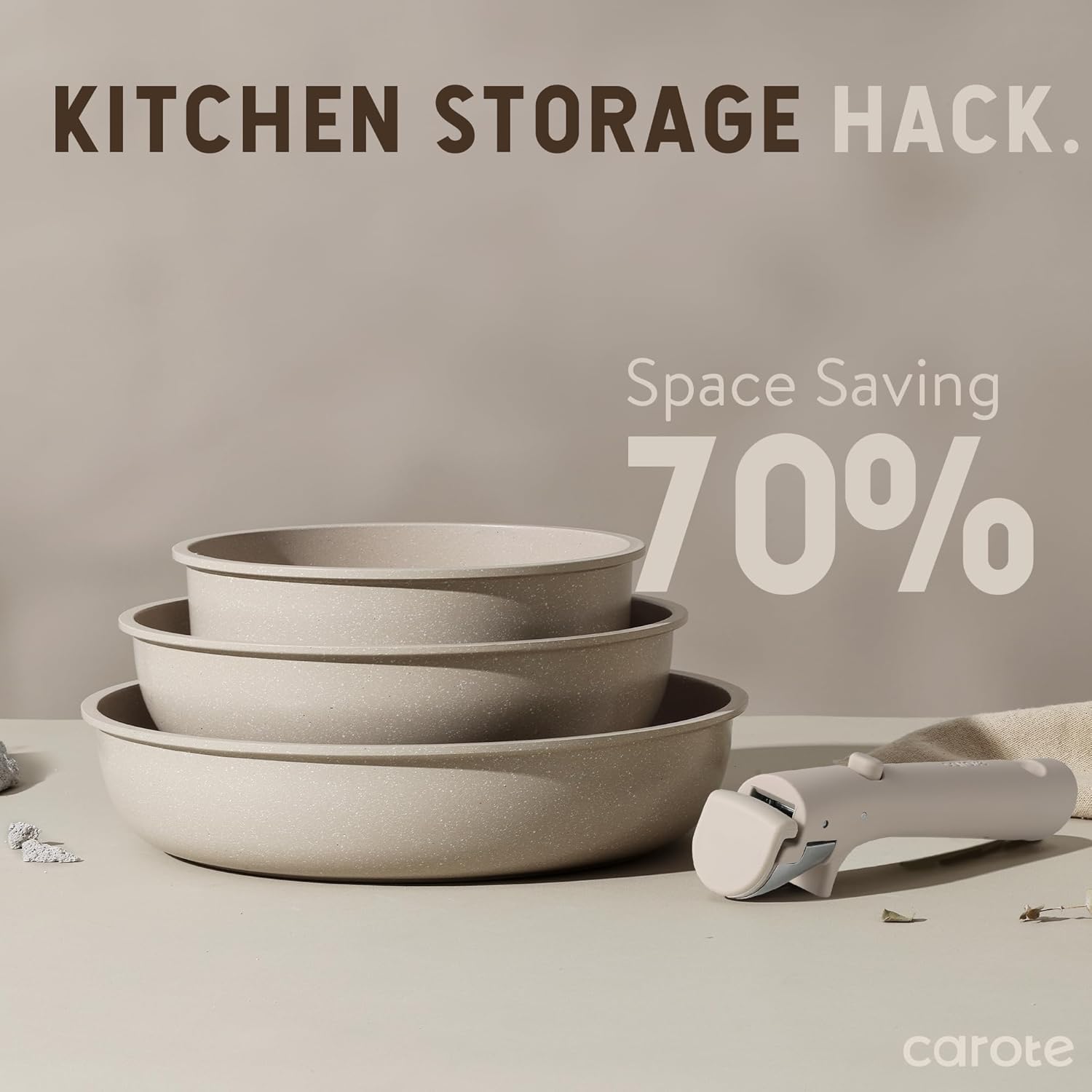 CAROTE 19pcs Pots and Pans Set Non Stick, Nonstick Cookware Set Detachable Handle, Induction Kitchen Cooking Sets with Removable Handle, RV Kitchen, Oven Safe, Taupe