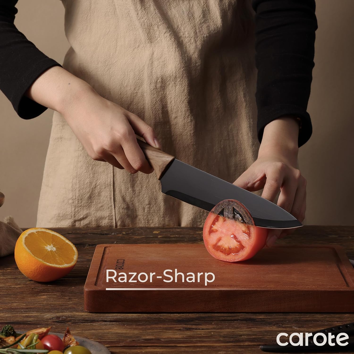 CAROTE 12PCS Knife Set, Stainless Steel Kitchen Knife Set with Nonstick Ceramic Coating, 6 Knives with Blade Guards