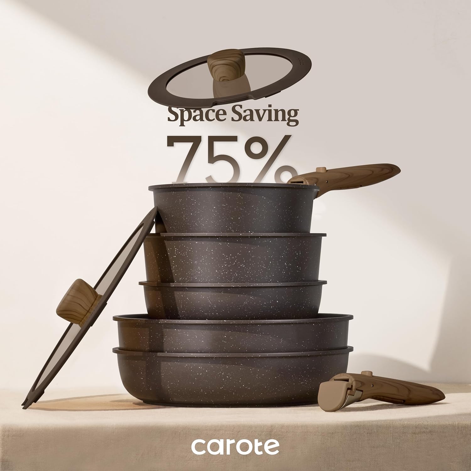 CAROTE 17PCS Pots and Pans Set Non Stick with Detachable Handle, Nonstick Cookware Sets, Cooking Kitchen Set, Oven/Dishwasher Safe, Induction Cookware, Brown, RV Kitchen Pot and Pan