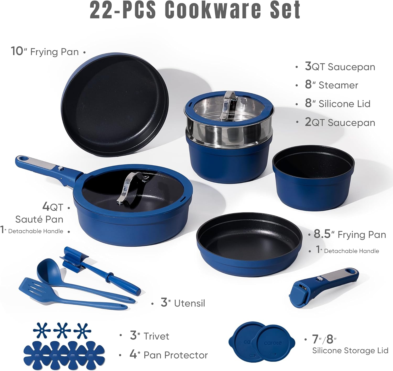 CAROTE 22pcs Pots and Pans Set Non Stick, Nonstick Cookware Set, Dishwasher/Oven/Fridge Safe Pots and Pans, Removable Handle RV Oven Safe Cookware, Induction Kitchen Set, Blue