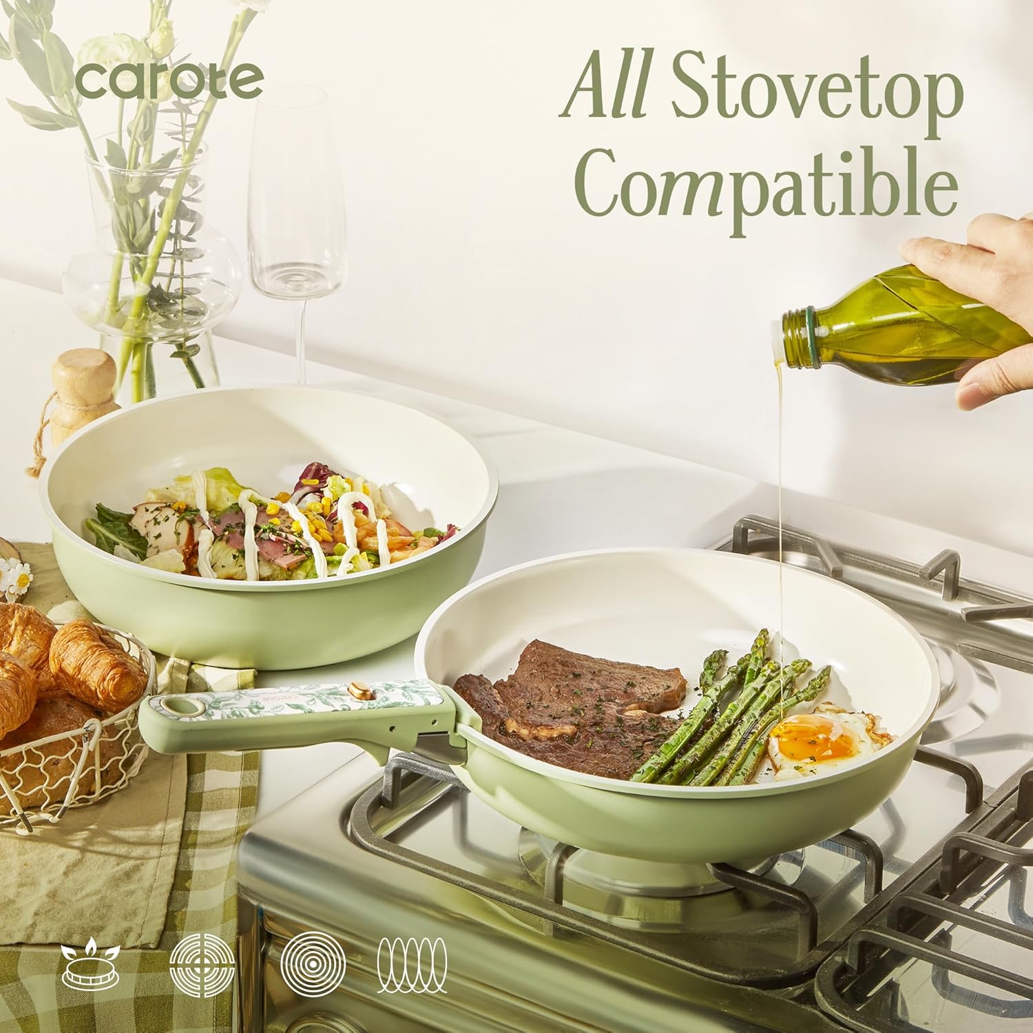 CAROTE 25-Piece Ceramic Cookware Set, Nonstick Pots and Pans Set with Detachable Handle, Non-Toxic Kitchen Cooking Set, Dishwasher & Oven Safe, Induction Compatible, PFAS Free, Green