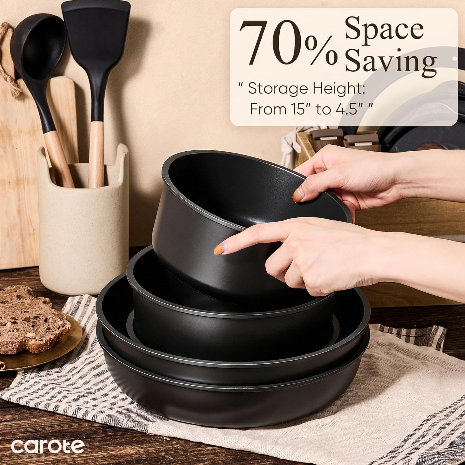 CAROTE 19pcs Pots and Pans Non Stick, Cookware Sets Detachable Handle, Induction Kitchen Pots and Pans,NonStick Cooking Set, Oven/Dishwasher/Fridge Safe, Space Saving