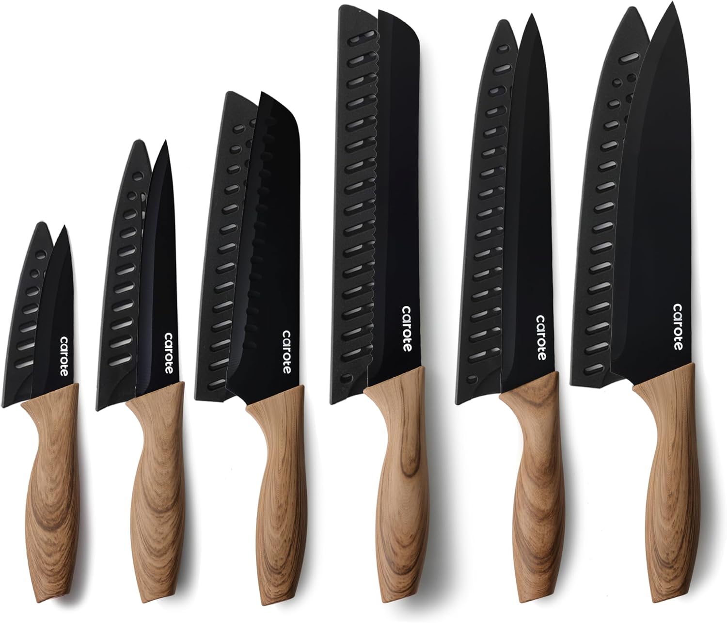 CAROTE 12PCS Knife Set, Stainless Steel Kitchen Knife Set with Nonstick Ceramic Coating, 6 Knives with Blade Guards