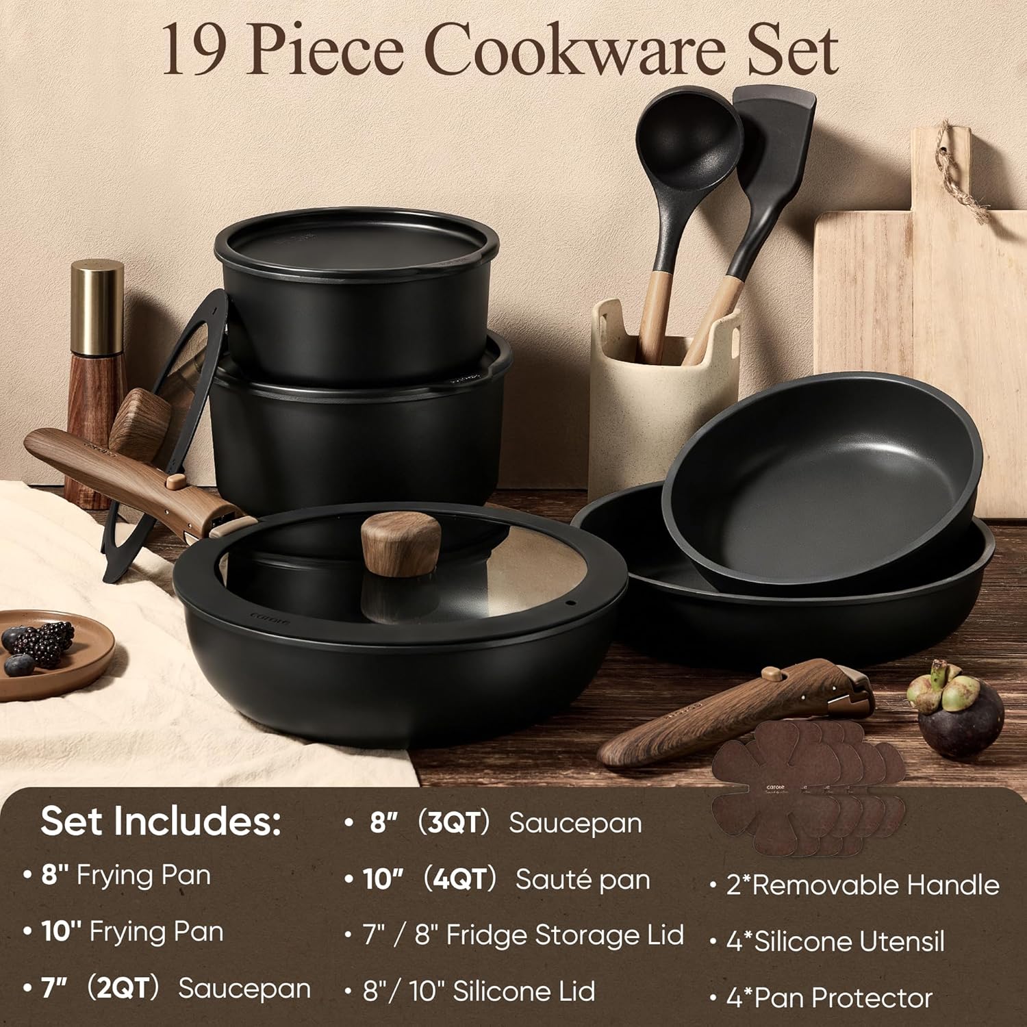 CAROTE 19pcs Pots and Pans Non Stick, Cookware Sets Detachable Handle, Induction Kitchen Pots and Pans,NonStick Cooking Set, Oven/Dishwasher/Fridge Safe, Space Saving