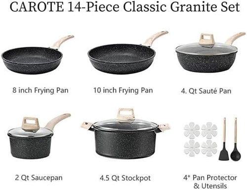 CAROTE 14 Pots and Pans Set Non Stick, Cookware Sets Induction Cookware Granite Cooking Set with Frying Pans, Saucepans, Saute Pan, Extra Large Casserole