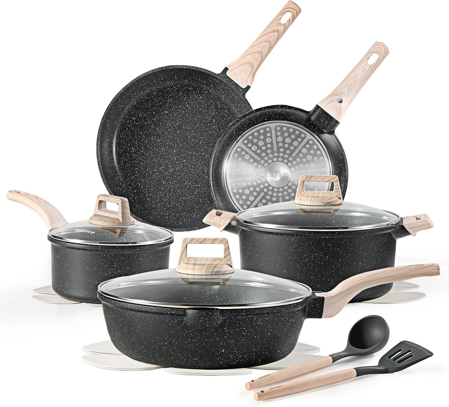 CAROTE 14 Pots and Pans Set Non Stick, Cookware Sets Induction Cookware Granite Cooking Set with Frying Pans, Saucepans, Saute Pan, Extra Large Casserole