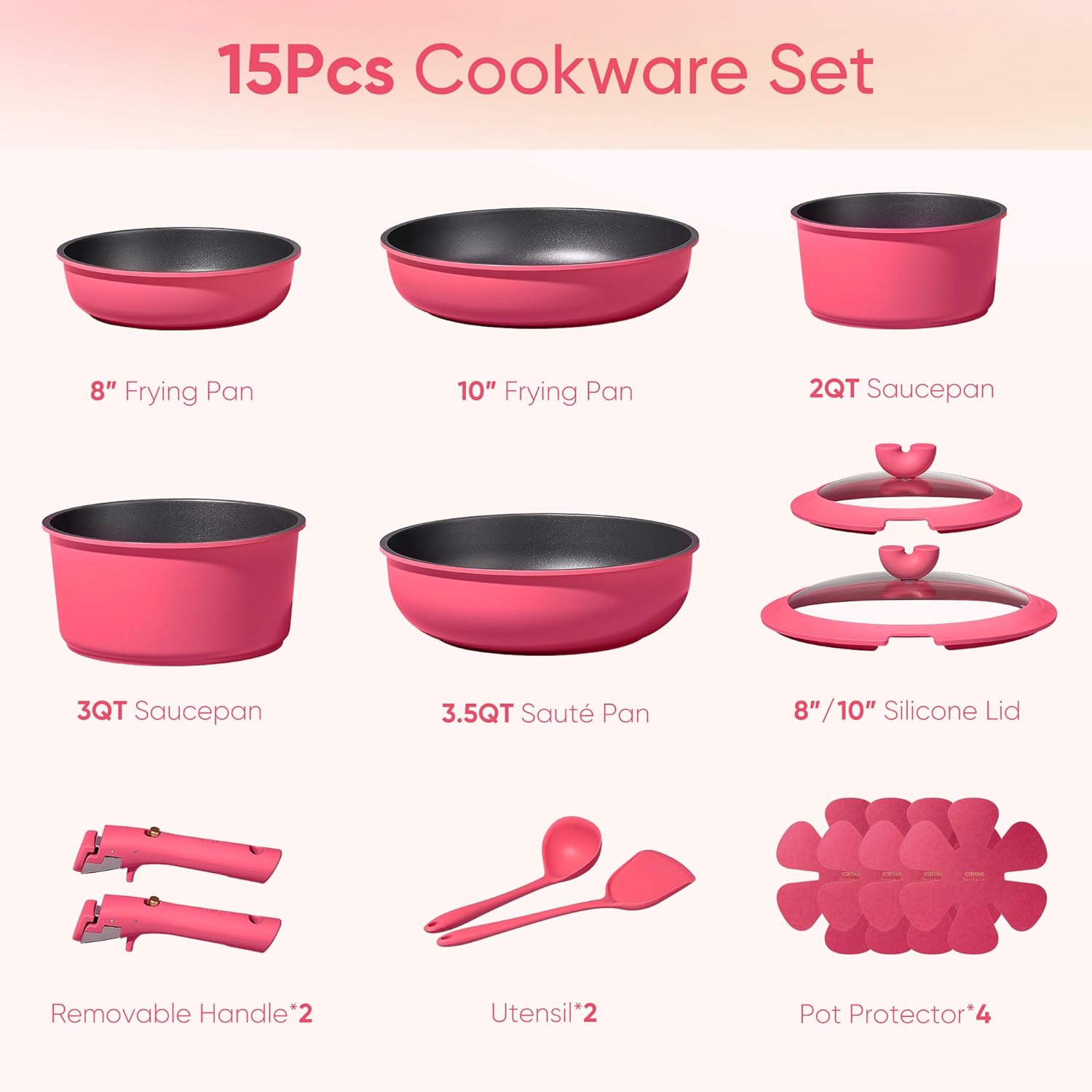 CAROTE 15pcs Pots and Pans Set Non Stick, Cookware Set Non Toxic with Detachable Handle, Induction Kitchen Cooking Set, Dishwasher/Oven Safe, RV/Camping Cookware