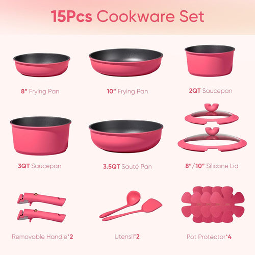 CAROTE 15pcs Pots and Pans Set Non Stick, Cookware Set Non Toxic with Detachable Handle, Induction Kitchen Cooking Set, Dishwasher/Oven Safe, RV/Camping Cookware
